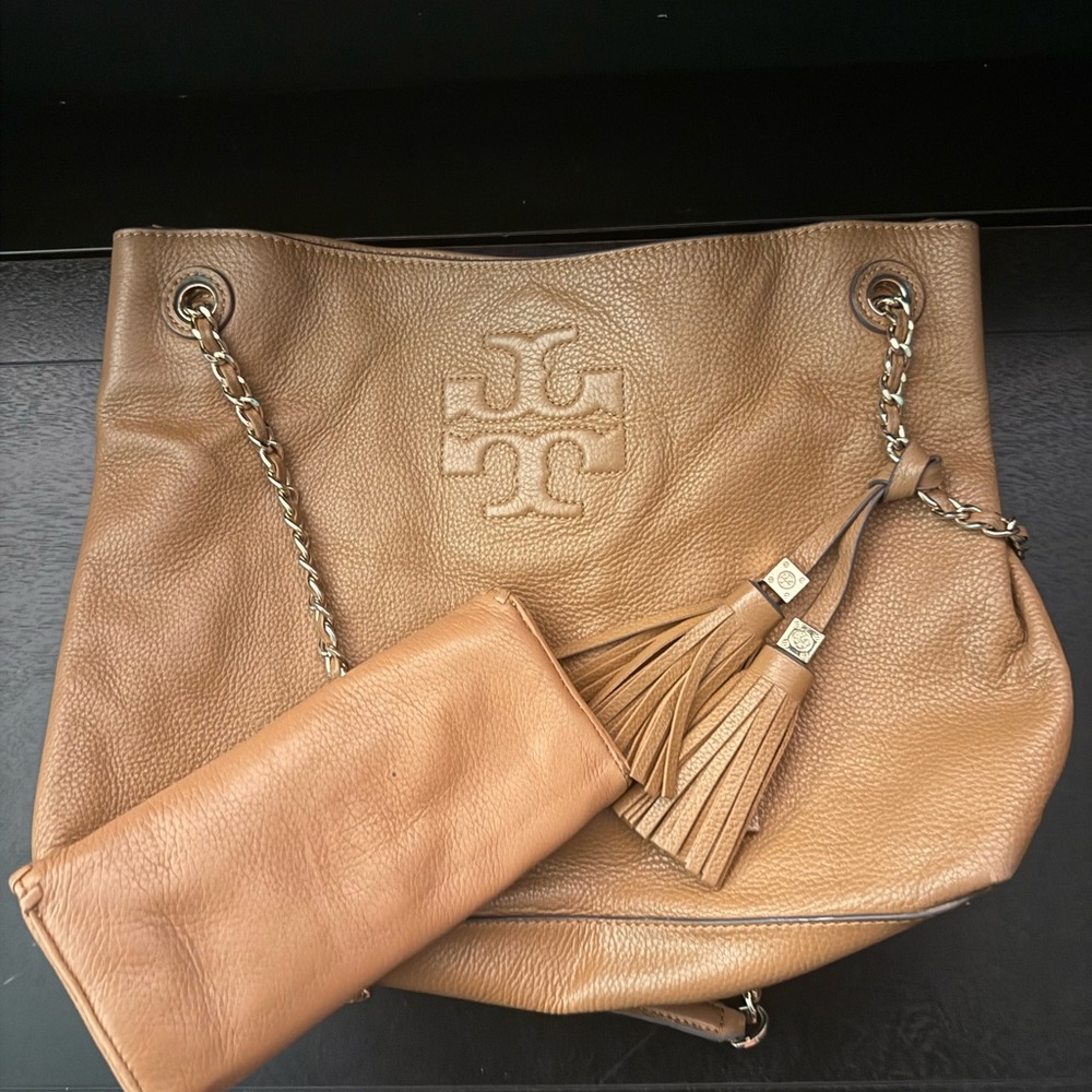 Tory Burch Brown Leather Shoulder Bag with Tassels and Wallet